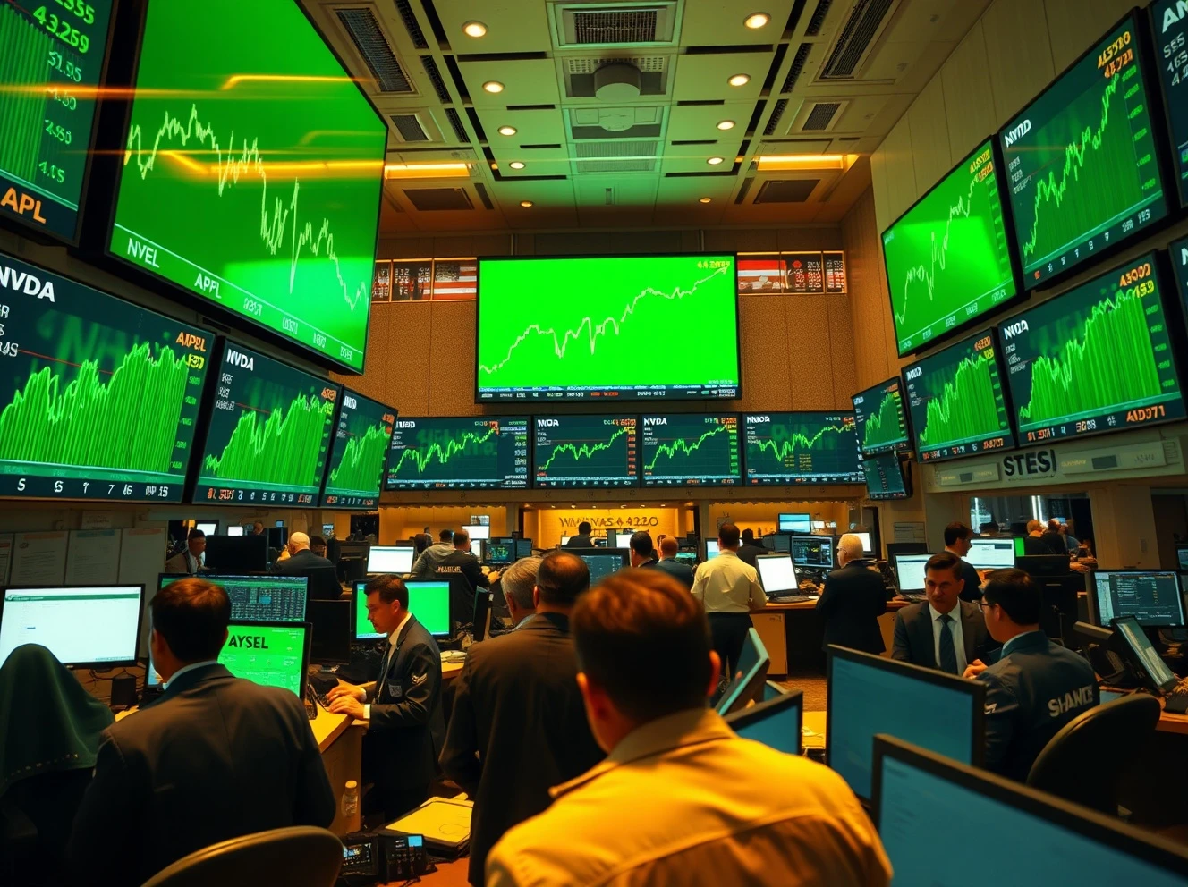 Stock exchange trading floor with green screens showing rising market indices and stock tickers