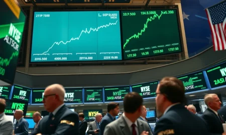 NYSE trading floor with green displays showing S&P 500 and Nasdaq 100 at record highs