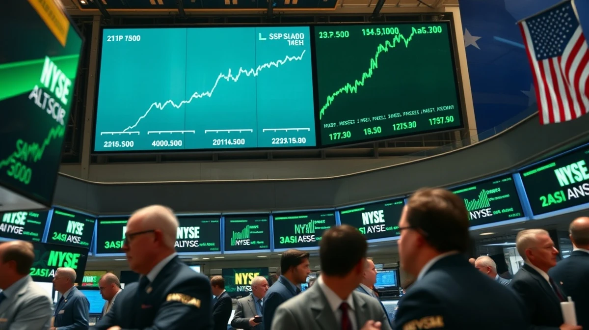 NYSE trading floor with green displays showing S&P 500 and Nasdaq 100 at record highs