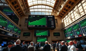 NYSE trading floor with green screens showing S&P 500 and Nasdaq at record highs during midday trading