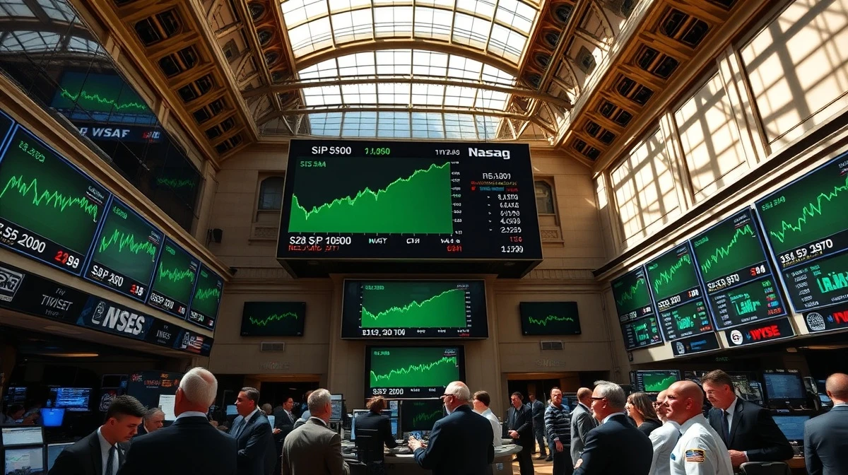 NYSE trading floor with green screens showing S&P 500 and Nasdaq at record highs during midday trading