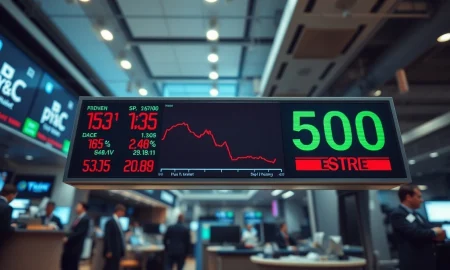 Stock market board showing S&P 500 index with red downward arrow amid inflation concerns.