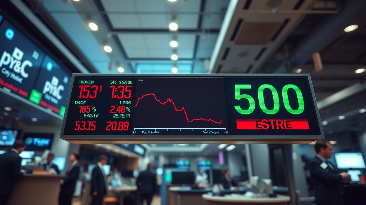 Stock market board showing S&P 500 index with red downward arrow amid inflation concerns.