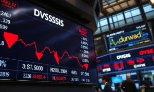 Stock market board showing red declines and a crude oil price ticker surging upward on a trading floor.