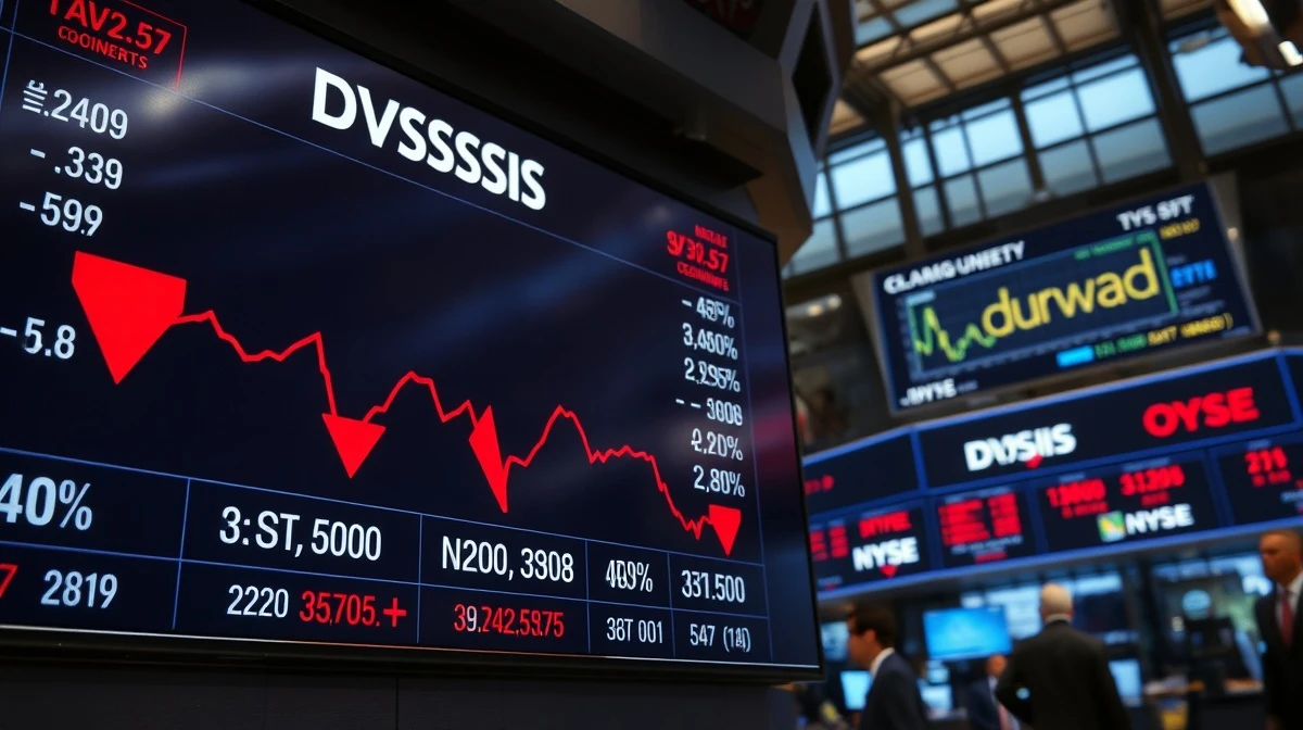 Stock market board showing red declines and a crude oil price ticker surging upward on a trading floor.