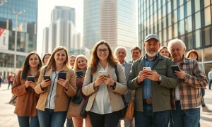 Diverse group of retail investors using smartphones with stock charts in a financial district plaza