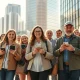 Diverse group of retail investors using smartphones with stock charts in a financial district plaza