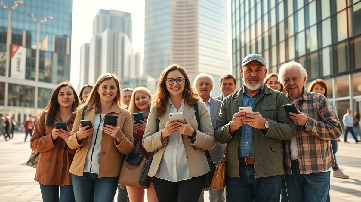 Diverse group of retail investors using smartphones with stock charts in a financial district plaza