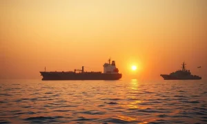 Oil tanker near the Strait of Hormuz with a naval warship in the background during a geopolitical crisis.