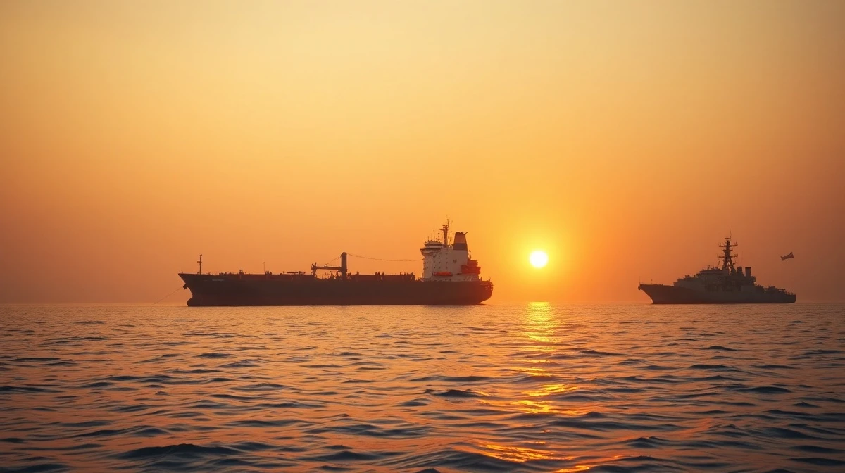 Oil tanker near the Strait of Hormuz with a naval warship in the background during a geopolitical crisis.