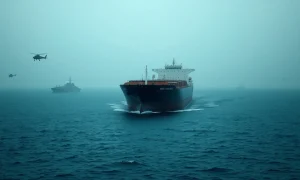 Oil tanker navigating the Strait of Hormuz amid military presence and geopolitical tensions