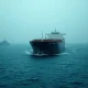 Oil tanker navigating the Strait of Hormuz amid military presence and geopolitical tensions