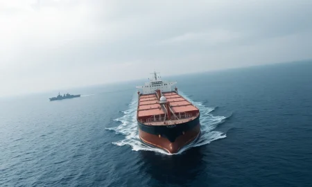 Oil tanker navigating the Strait of Hormuz under overcast skies, with naval presence in the distance.