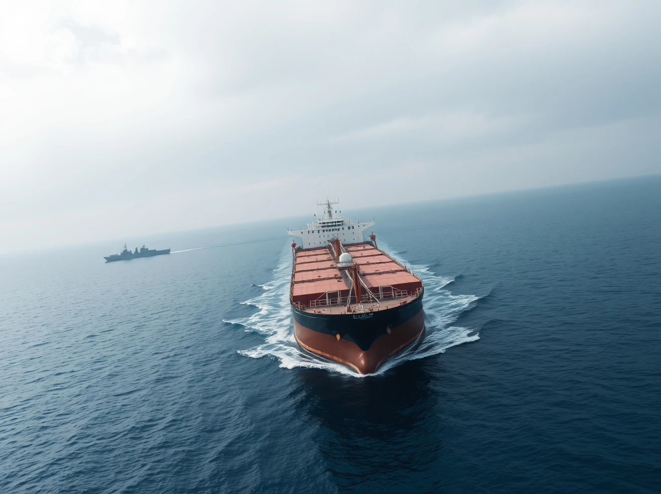 Oil tanker navigating the Strait of Hormuz under overcast skies, with naval presence in the distance.