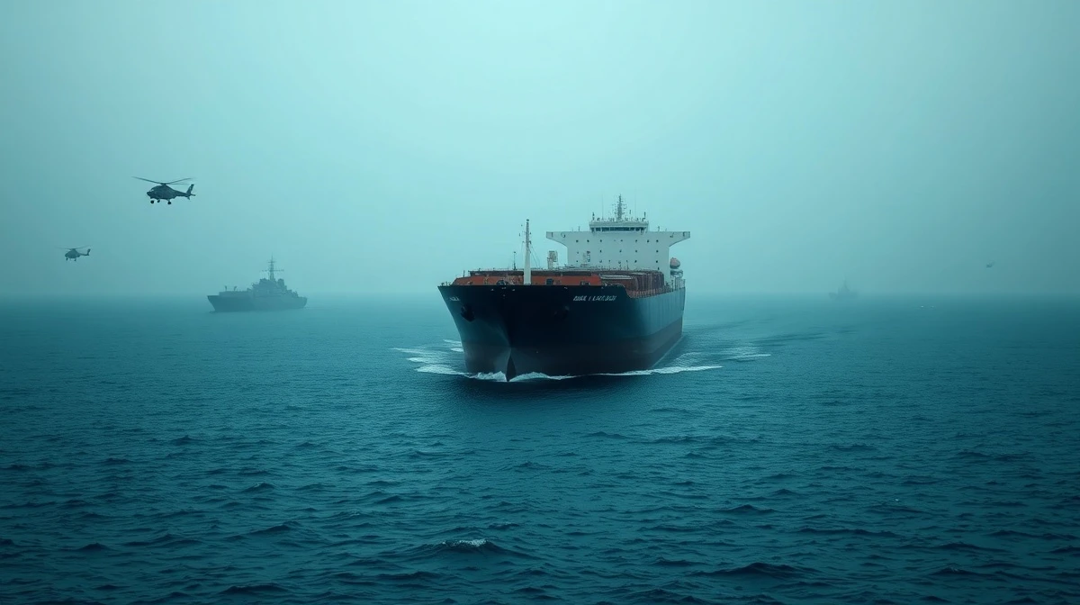 Oil tanker navigating the Strait of Hormuz amid military presence and geopolitical tensions