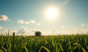 Sugarcane harvester in a Brazilian plantation under a bright sky, representing agricultural commodity production.