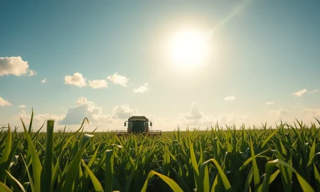 Sugarcane harvester in a Brazilian plantation under a bright sky, representing agricultural commodity production.