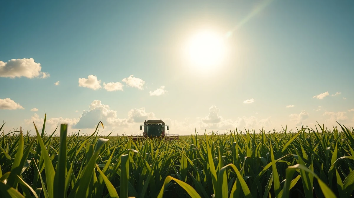 Sugarcane harvester in a Brazilian plantation under a bright sky, representing agricultural commodity production.