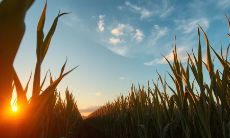 Sugarcane field at sunset in Brazil, with harvesting machinery in background.