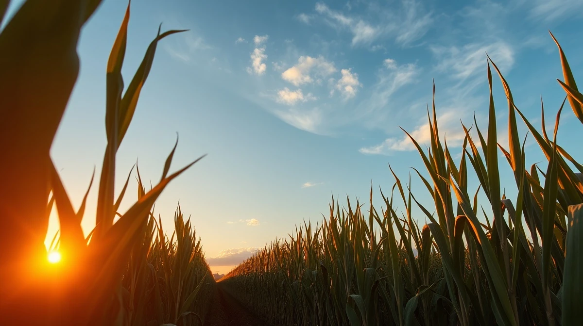 Sugarcane field at sunset in Brazil, with harvesting machinery in background.