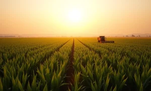 Sugarcane field at sunset with harvesting machinery, representing sugar commodity production.