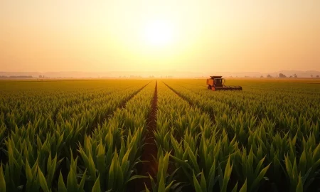 Sugarcane field at sunset with harvesting machinery, representing sugar commodity production.
