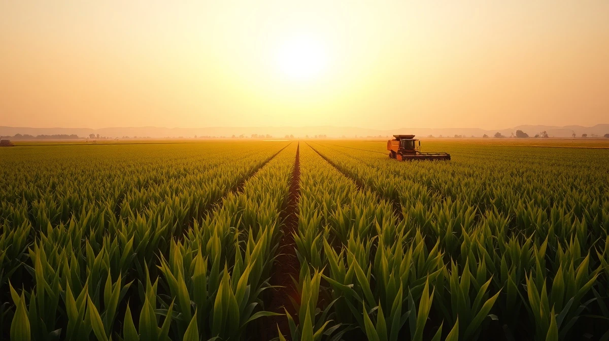 Sugarcane field at sunset with harvesting machinery, representing sugar commodity production.