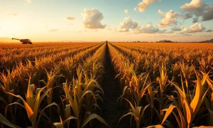 Sugarcane field in Brazil's Center-South region at sunset with harvesting equipment visible