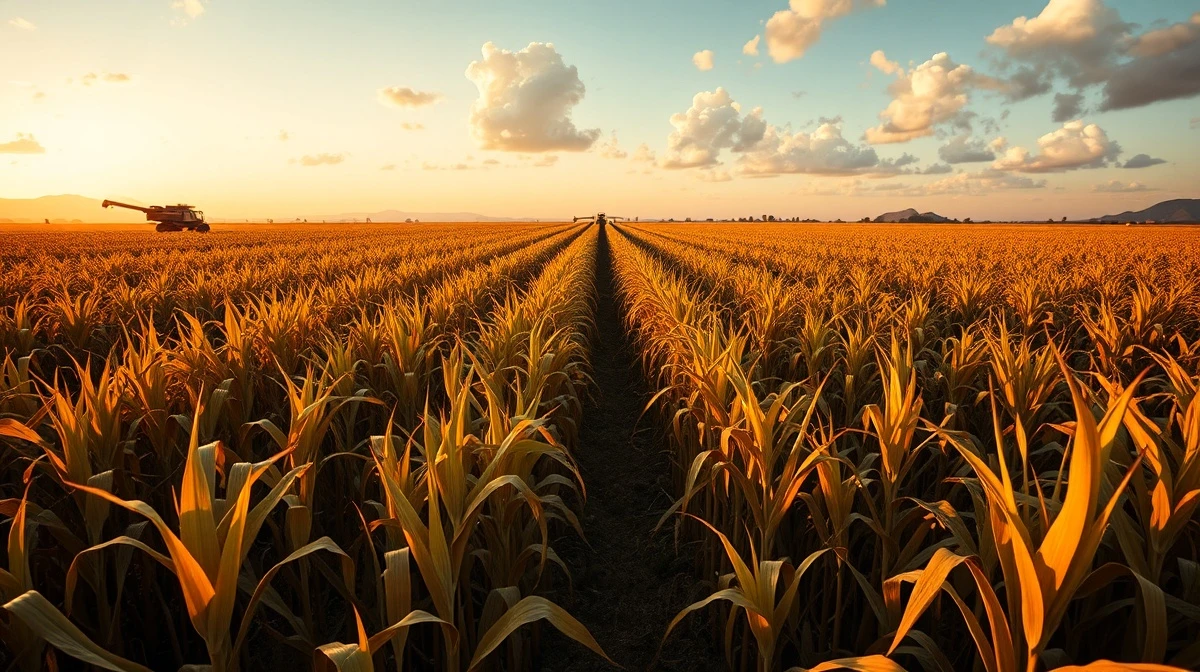 Sugarcane field in Brazil's Center-South region at sunset with harvesting equipment visible