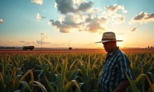 Farmer inspecting sugarcane in a Brazilian field during golden hour