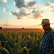 Farmer inspecting sugarcane in a Brazilian field during golden hour