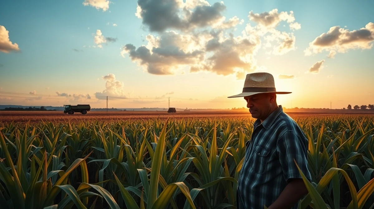 Farmer inspecting sugarcane in a Brazilian field during golden hour