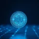 Digital SUI token coin glowing on a dark futuristic background representing blockchain technology.