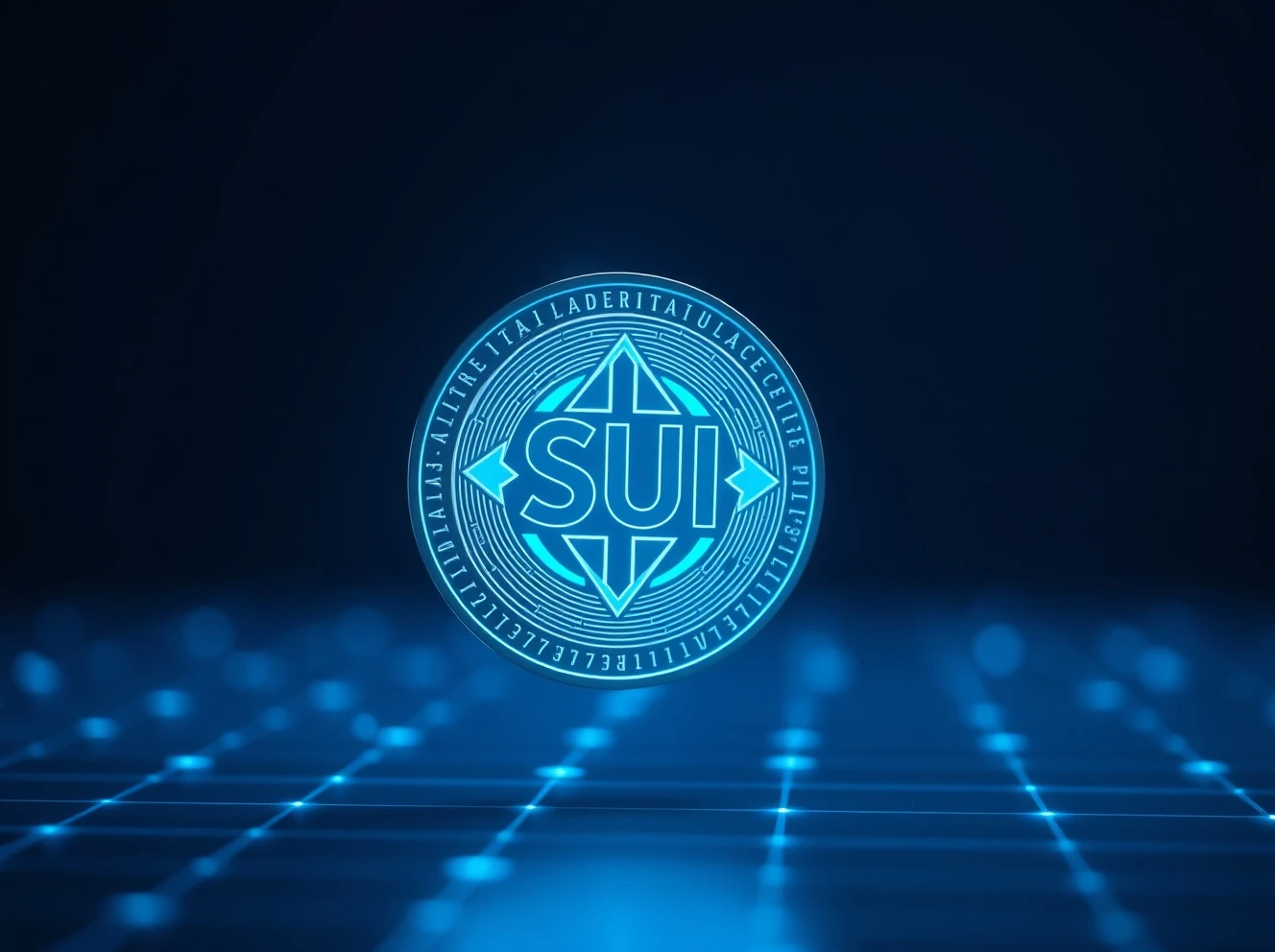 Digital SUI token coin glowing on a dark futuristic background representing blockchain technology.