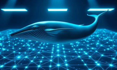 Blue whale swimming above a glowing Sui blockchain network map representing whale accumulation.