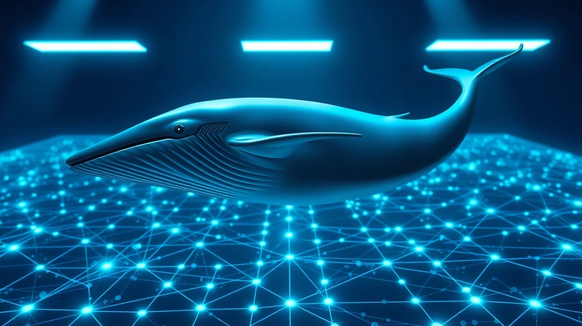 Blue whale swimming above a glowing Sui blockchain network map representing whale accumulation.