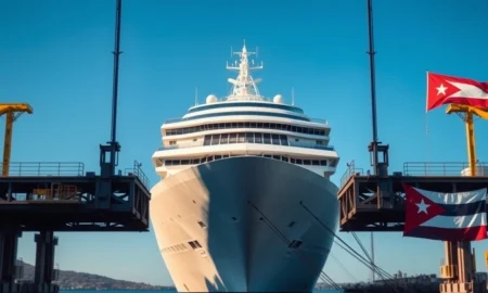 Large cruise ship at a port with Cuban flag in background, representing legal ruling on seized property