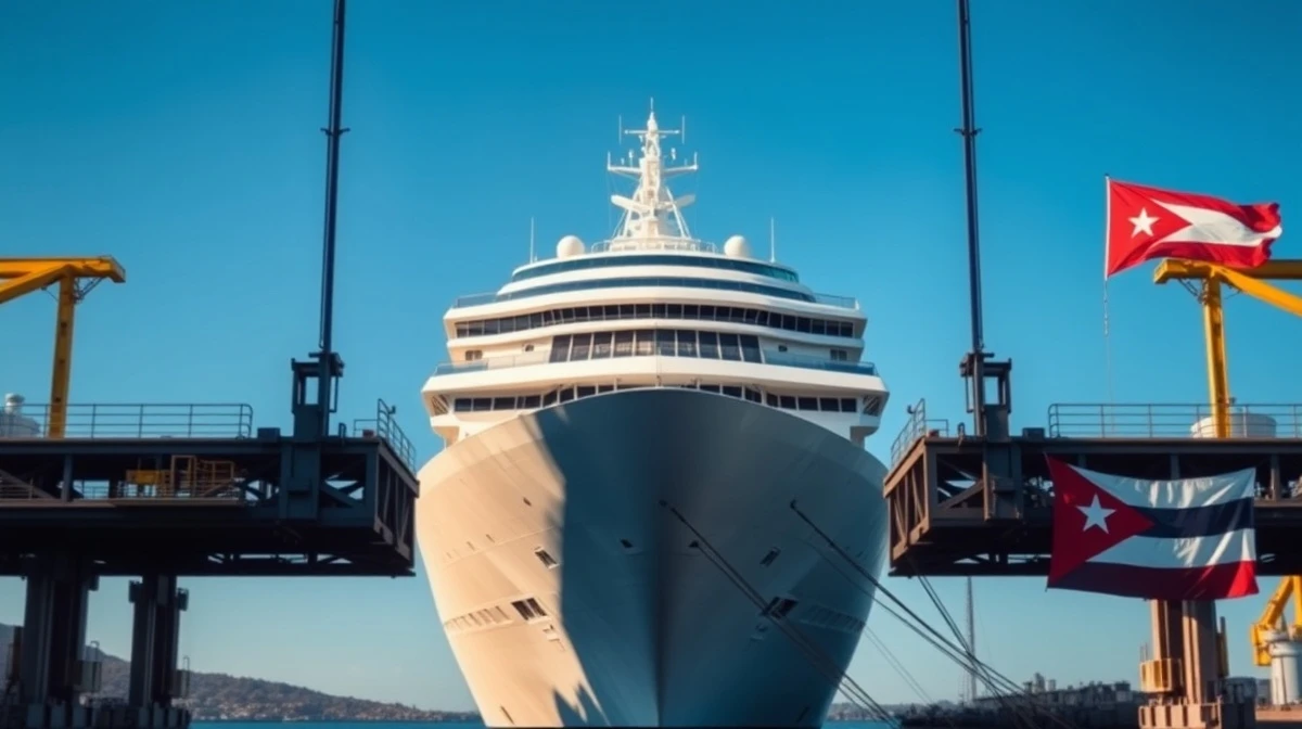 Large cruise ship at a port with Cuban flag in background, representing legal ruling on seized property