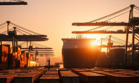 Busy container port in Taiwan at sunrise with cargo ships and cranes
