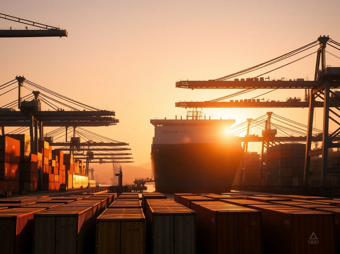 Busy container port in Taiwan at sunrise with cargo ships and cranes
