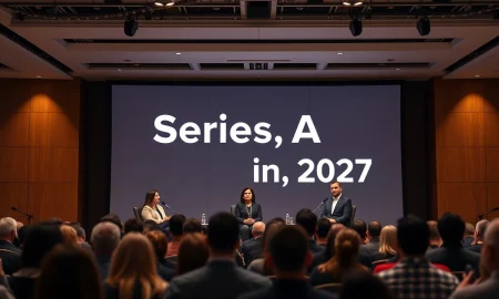 Panelists discussing Series A fundraising trends on stage at TechCrunch Disrupt 2026 in San Francisco.