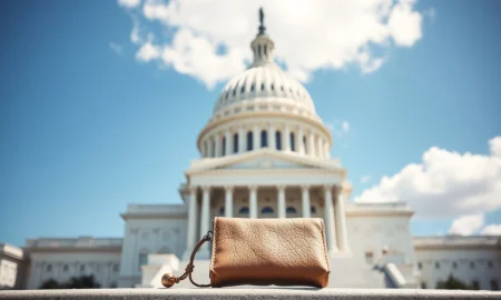 United States Capitol building on a clear day, with a small savings book in the foreground symbolizing retirement security.