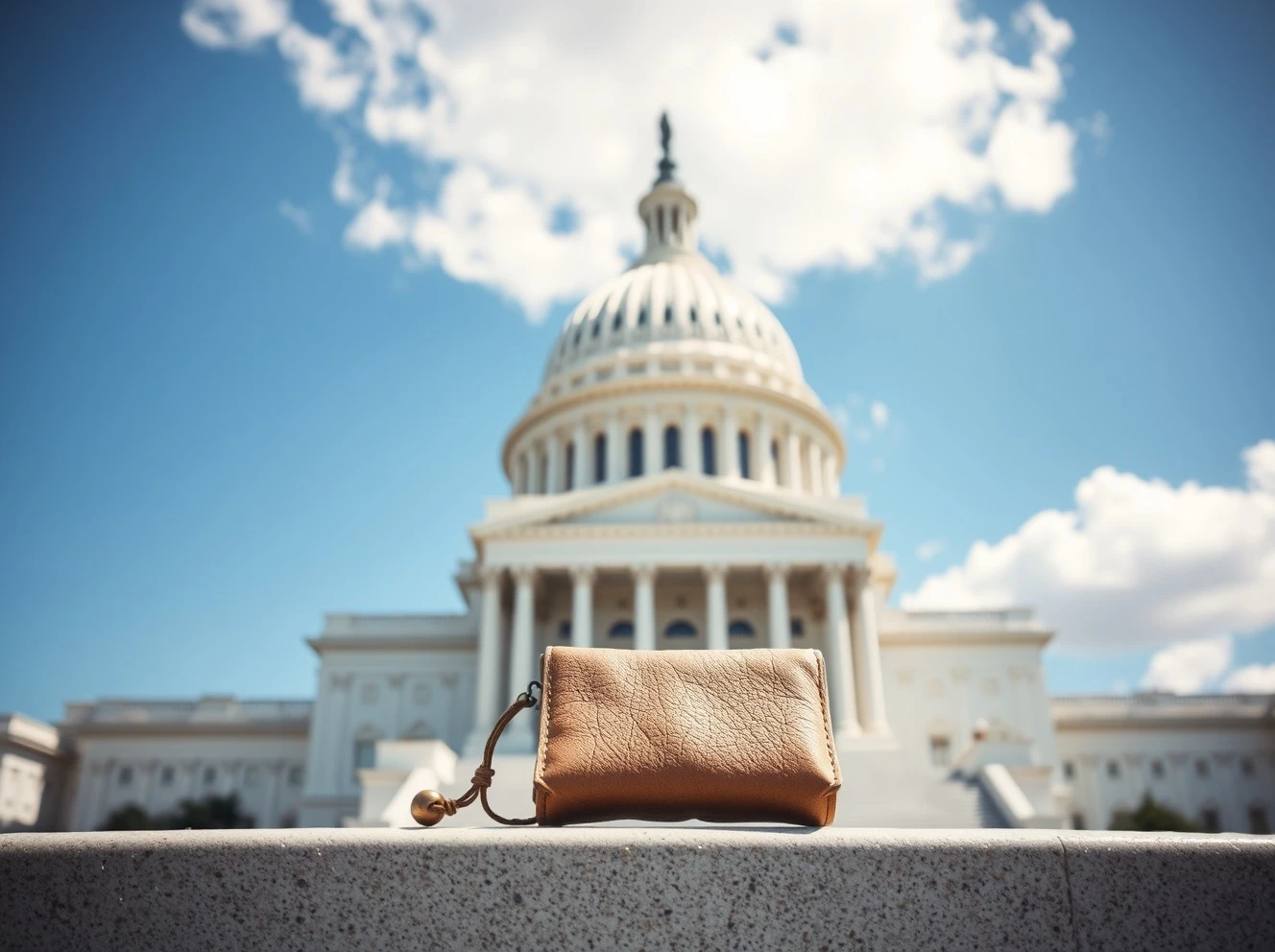 United States Capitol building on a clear day, with a small savings book in the foreground symbolizing retirement security.