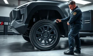 Mechanic inspecting wheel hub assembly on a Tesla Cybertruck in a service center