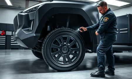 Mechanic inspecting wheel hub assembly on a Tesla Cybertruck in a service center