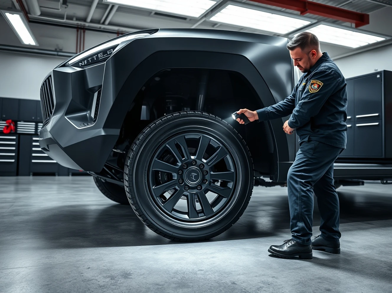 Mechanic inspecting wheel hub assembly on a Tesla Cybertruck in a service center