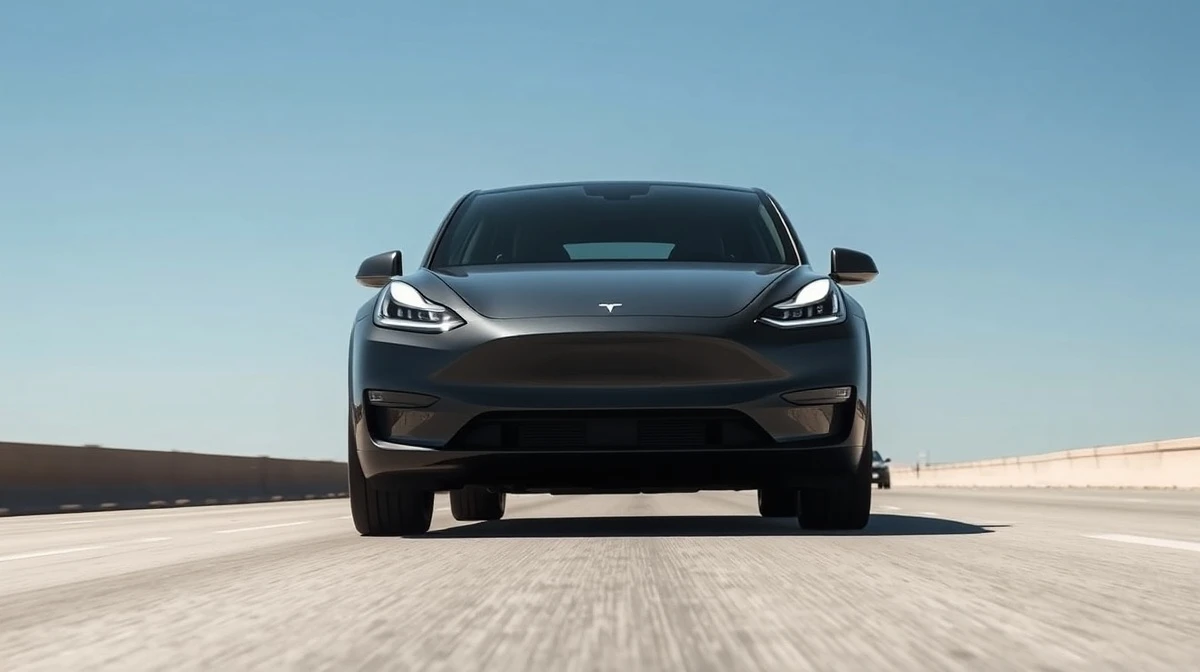 2026 Tesla Model Y driving on a highway under clear daylight