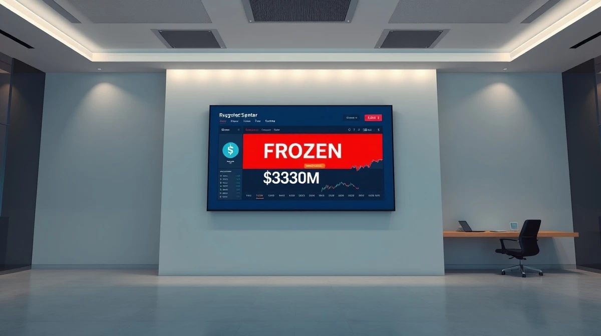 Digital screen showing a frozen USDT alert with $344 million displayed in a financial monitoring center.
