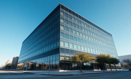 Exterior of Netflix office building in Austin, Texas, under a clear sky.