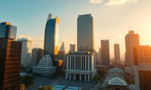 Bangkok financial district skyline at sunset, representing Thailand's economic policy and fiscal stability.